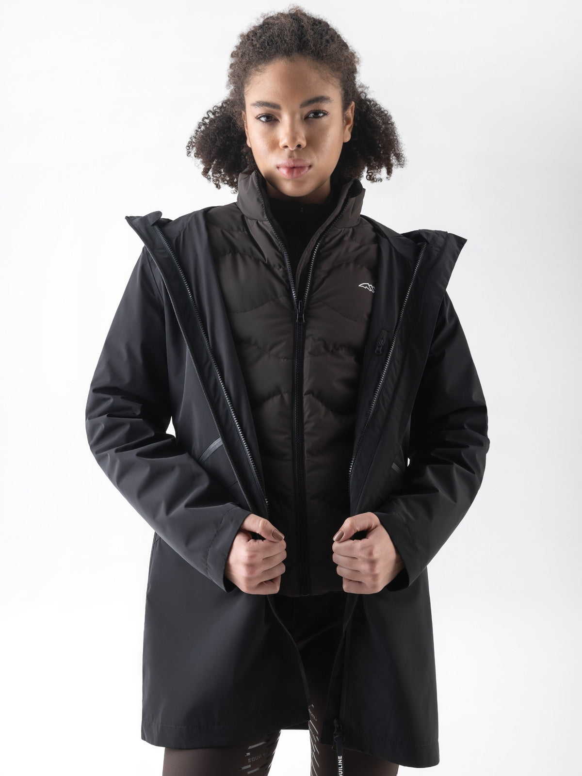 Equiline Ladies Eqcroof 3 in 1 Waterproof Jacket in Black, back view of the 3-in-1 waterproof jacket with detachable outer shell and Eco-Duvet inner jacket.