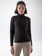 Equiline Ladies Eqlover High Neck Jumper in Coffee Bean, front view of the soft-touch high neck jumper with beige embroidered Equiline logo.