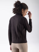 Equiline Ladies Eqlover High Neck Jumper in Coffee Bean, back view of the soft-touch high neck jumper with beige embroidered Equiline logo.