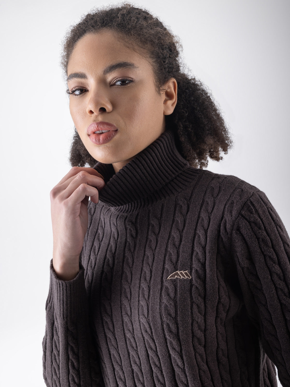 Equiline Ladies Eqlover High Neck Jumper in Coffee Bean, detail view of the soft-touch high neck jumper with beige embroidered Equiline logo.