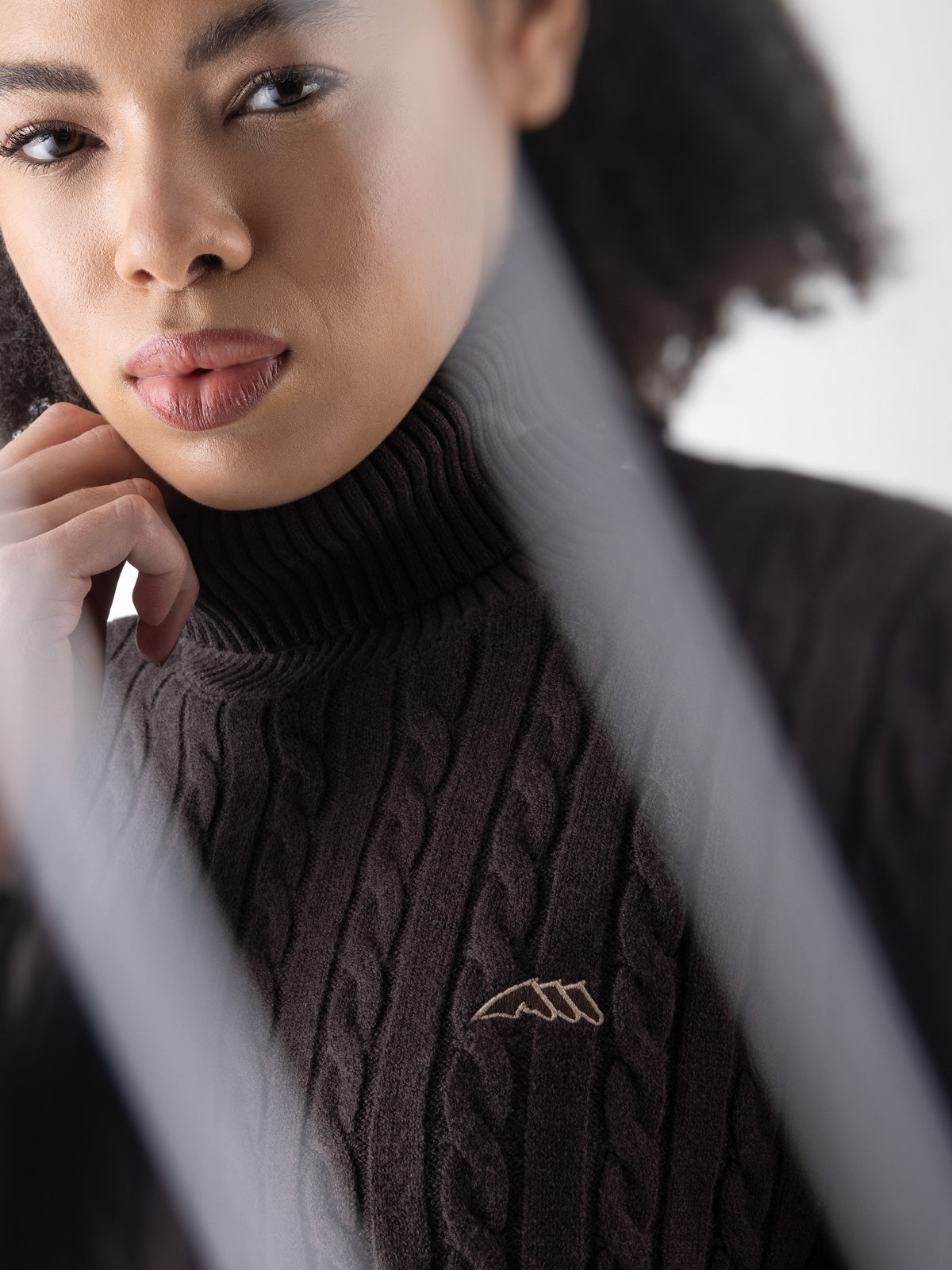 Equiline Ladies Eqlover High Neck Jumper in Coffee Bean, detail view of the soft-touch high neck jumper with beige embroidered Equiline logo.