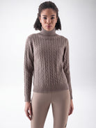 Equiline Ladies Eqlover High Neck Jumper in Greige, back view of the soft-touch high neck jumper with beige embroidered Equiline logo.