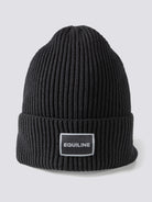 Equiline Unisex Eqcap Knitted Hat in Black, shown worn, the microfleece-lined knitted beanie with jacquard Equiline logo patch.