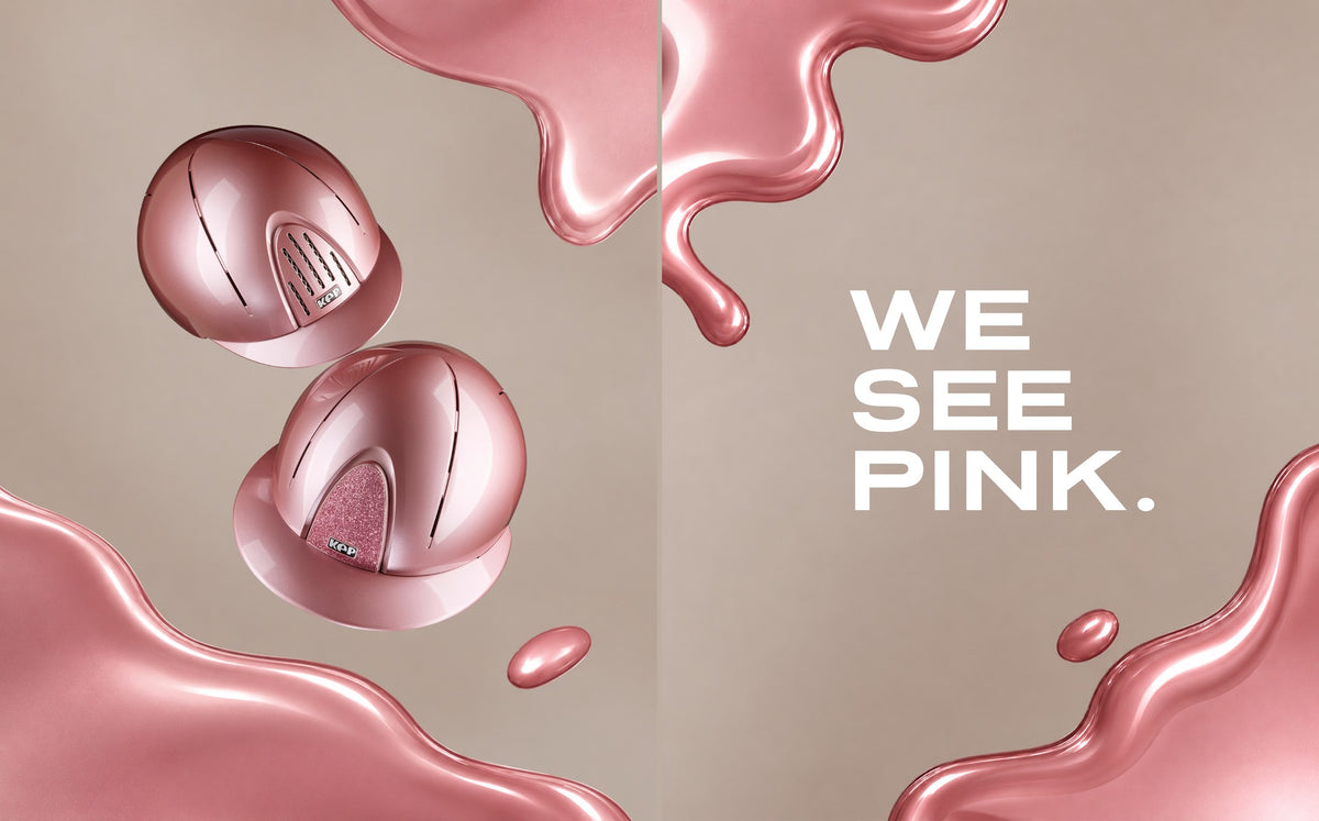 KEP Smart Nova Pink riding helmets beside the words We See Pink, from KEP Italia's launch campaign