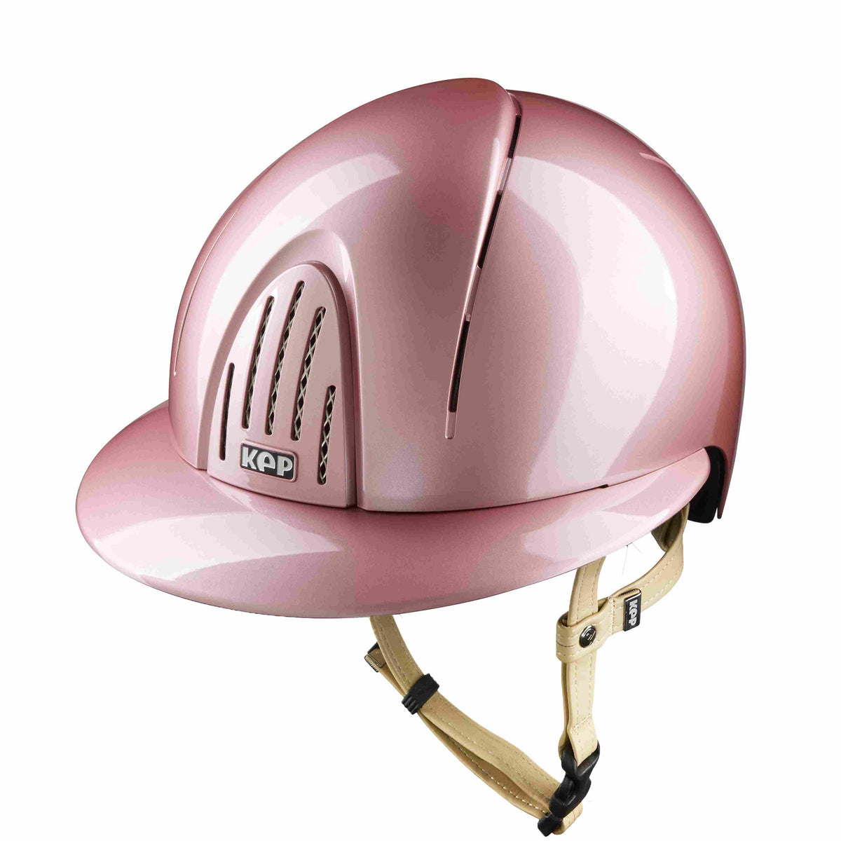 KEP Smart Nova Polish Riding Helmet Polo Peak in Pink with cream chin strap, front view