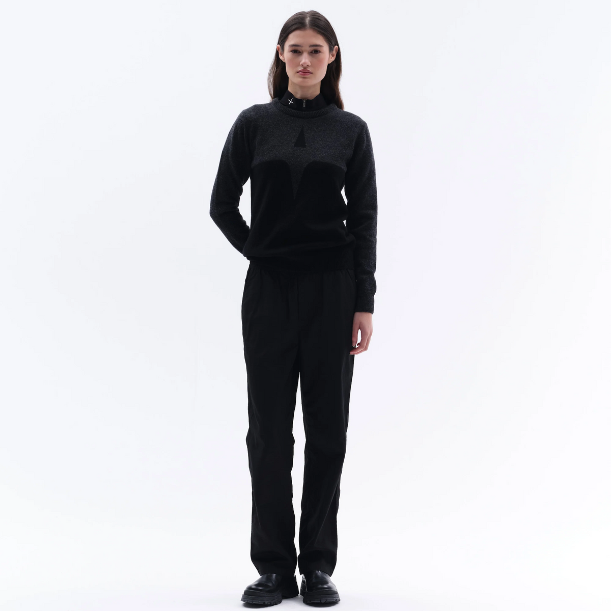Trolle Ladies Cashmere & Wool Star Logo Crewneck Sweater in Black/Dark Grey, a soft cashmere and wool crewneck jumper.
