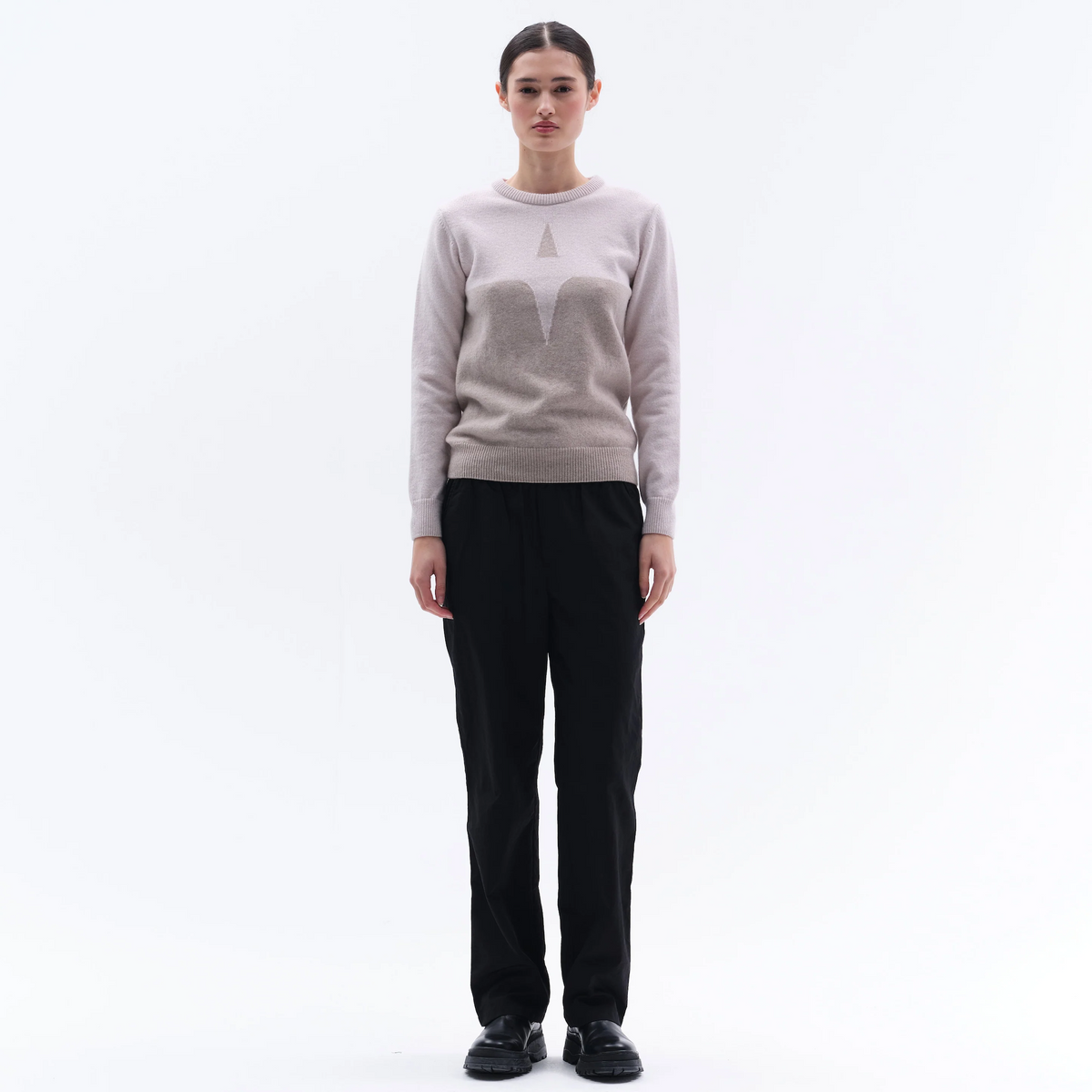 Trolle Ladies Cashmere & Wool Star Logo Crewneck Sweater in Sand, a soft cashmere and wool crewneck jumper.
