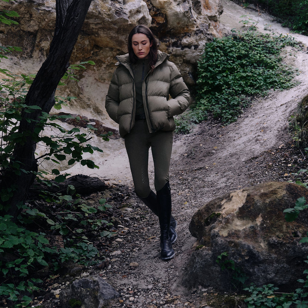 Trolle Ladies Goose Down Puffer Jacket in Olive, a lightweight goose down winter jacket.