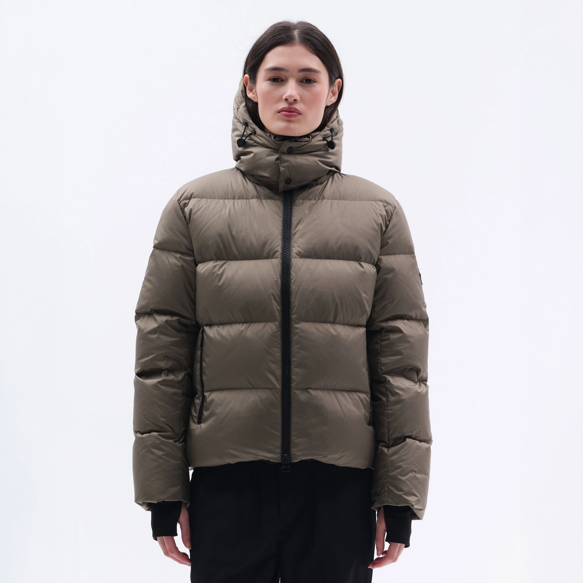 Trolle Ladies Goose Down Puffer Jacket in Olive, a lightweight goose down winter jacket.