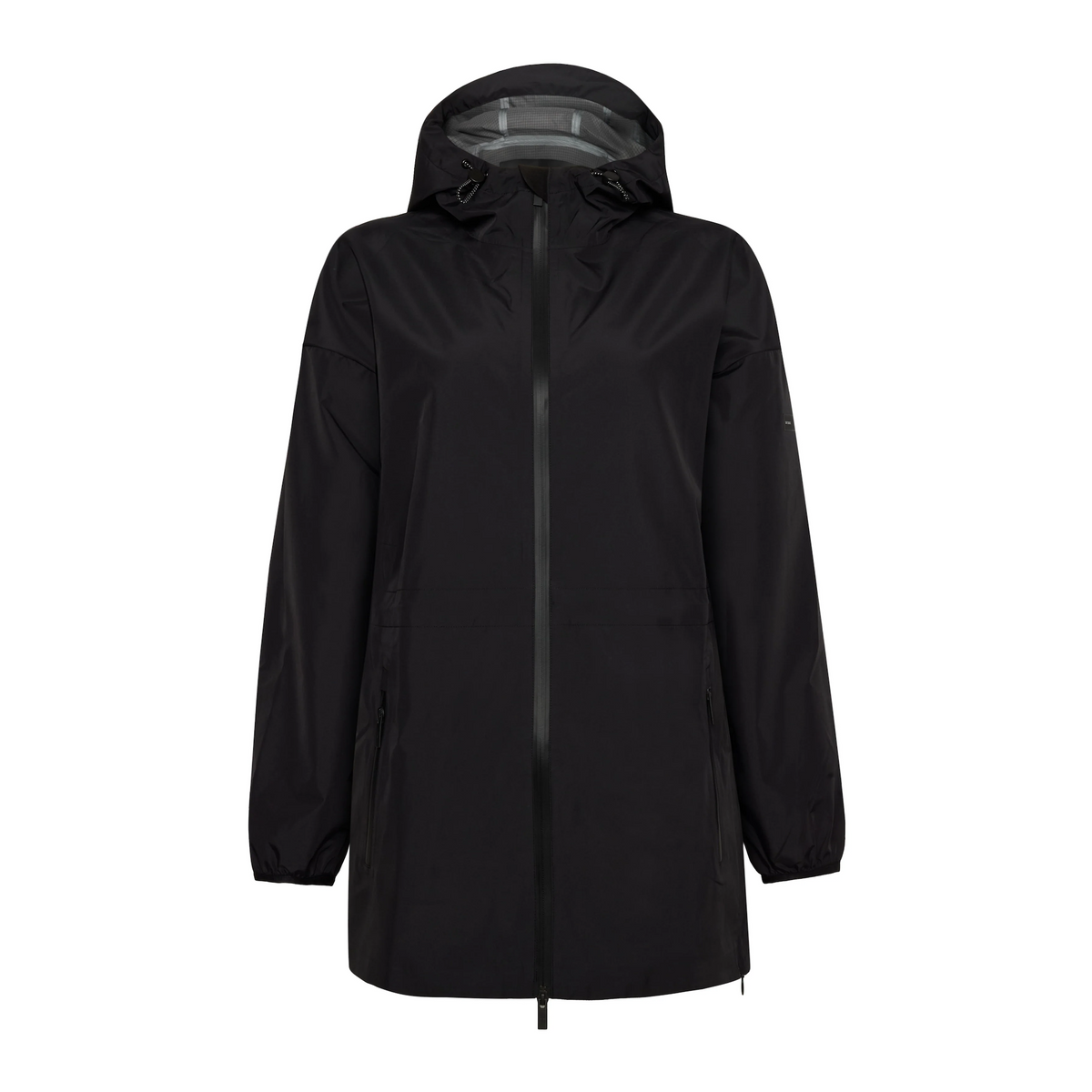 Trolle Ladies Heat-Sealed Breathable Rain Coat in Black, a lightweight waterproof riding coat.